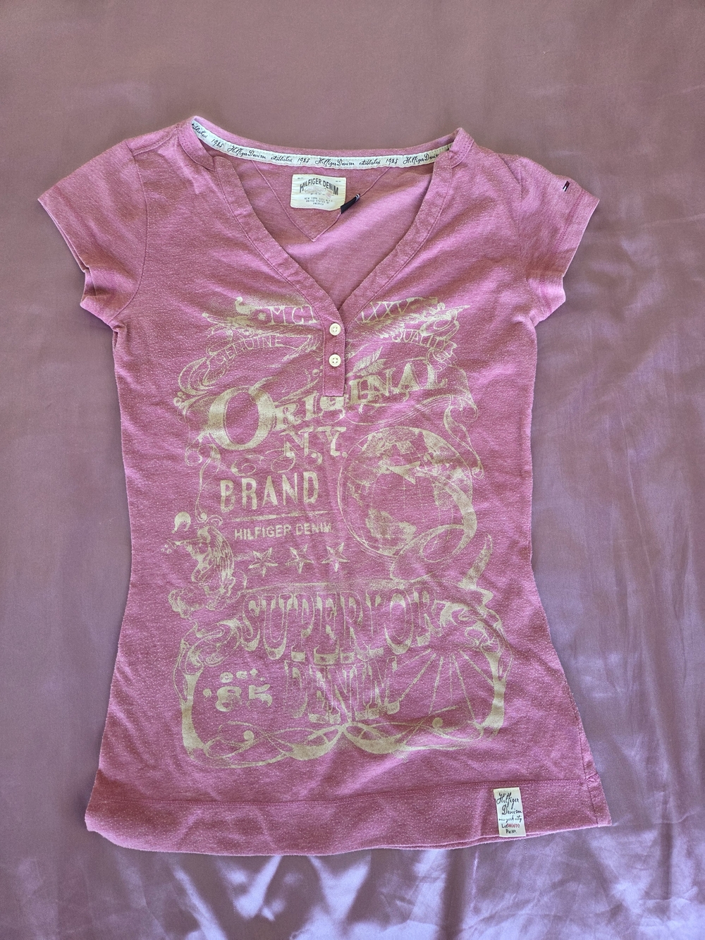 Vintage Hilfiger Denim Pink Graphic Henley Tee Shirt Size XS